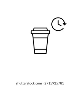 Taza para llevar de café y reloj. Café y elaboración de cerveza en casa. Icono de Vector de trazo perfecto y editable