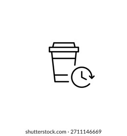 Taza para llevar de café y reloj. Icono de Vector de trazo perfecto y editable