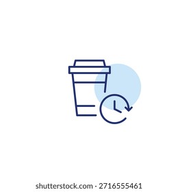 Taza para llevar de café y reloj. Icono de Vector de trazo perfecto y editable