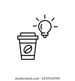 Coffee in takeaway cup and light bulb. Creativity and productivity boost. Pixel perfect vector icon