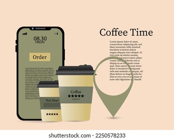 Coffee takeaway cup with  location pin contract icon online order on pink background vector illustration , 
Coffee cup time online order design for background Concept