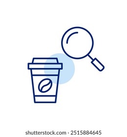 Coffee in takeaway cup and magnifying glass. Food search on online order and delivery platforms. Pixel perfect, editable stroke icon