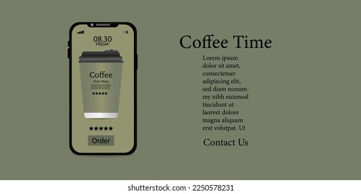 Coffee takeaway cup on smartphone screen with contract icon online order 
on green background vector illustration, 
Coffee cup time design for background Concept