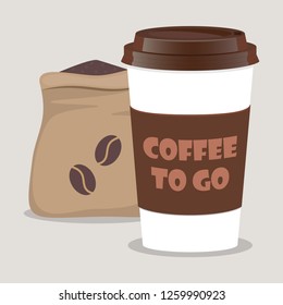 Coffee takeaway cup, realistic and sack with coffee beans. Coffee to go lettering. Close up take-out coffee with brown cap and cup holder. Vector illustration for cafe, voucher, flyer template