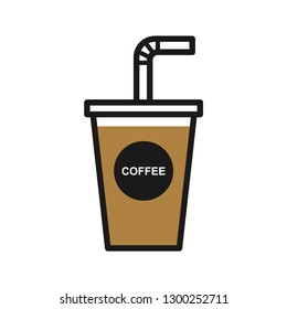 Coffee takeaway cup with straw, container for coffee shop. Simple design, stroke outline style. Line vector. Isolate on white background.
