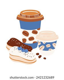 Coffee Takeaway Cups with Eclair Vector Illustration in Blue and Beige for Packaging and Advertising