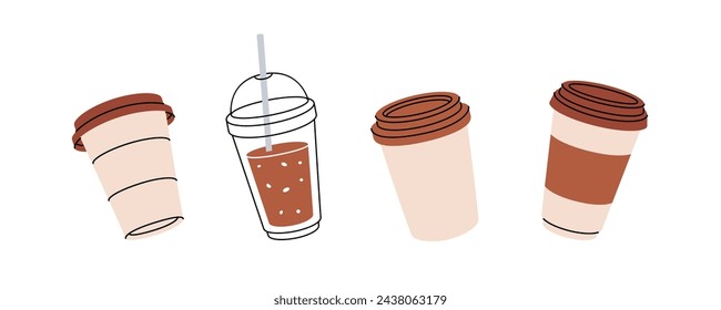 Coffee takeaway cups. Hand drawn elements for cafe menu, coffee shop. Vector illustration.