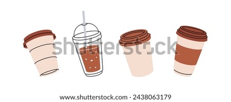 Coffee takeaway cups. Hand drawn elements for cafe menu, coffee shop. Vector illustration.