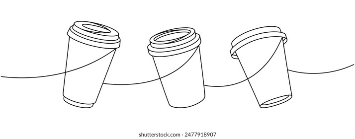 Coffee takeaway cups one line continuous drawing. Hand drawn elements for cafe menu, coffee shop. Vector linear illustration.