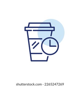 Café en una taza desechable para llevar y tiempo de descanso. Icono de línea de trazo de píxeles perfecto, modificable