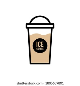 Coffee for takeaway logo template. Vector cold iced drink cup with cream and drinking straw. Vector isolated flat icon for fast food cafe, cafeteria or coffeehouse design element.