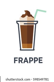 Coffee for takeaway logo template. Vector cold frappe drink cup with ice and chocolate cream. Vector isolated flat icon for fast food cafe, cafeteria or coffeehouse design element