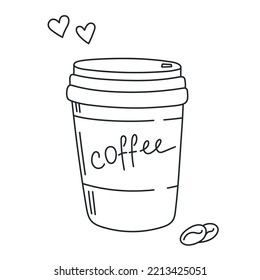 Coffee Takeaway Paper Cup, Grain Beverage. Mug Of Invigorating Americano To Go, Morning Hot Drink. Doodle Hand-drawn Sketch Style. Editable Stroke. Isolated. Vector Illustration.