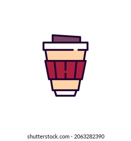 Coffee in a takeaway paper cup. Pixel perfect, editable stroke colorful line art icon