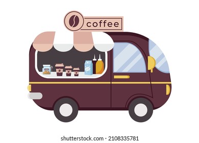 A coffee takeaway van. Vector illustration with cafe on wheels, paper cups, cookies and milk. Vector illustration isolated on white background