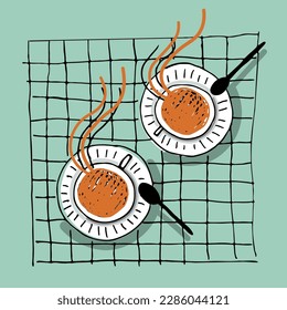 Coffee talk. Color image of two cups of hot coffee.Life style.Trendy colorful hand drawn cartoon style.Flat vector illustration, flat lay content