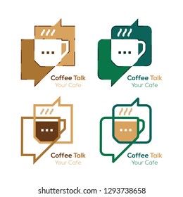 Coffee Talk Forum Logo Design, Cup and Chat in Speech bubble symbols, Cafe and Shop icon, Business Restaurant concept, Negative space and Line art style vector illustration design template