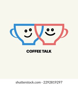 Coffee talk icon, two cups of coffee, tea. Funny faces, smile on mugs, meeting friends in cafe