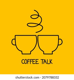 Coffee talk logo. Business meeting icon. Conversation over cup of tea symbol. Two mugs of coffee and steam. Vector illustration