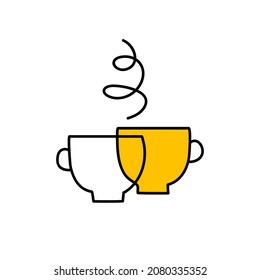 Coffee talk logo. Business meeting icon. Conversation over cup of tea symbol. Two mugs of coffee and steam. Vector illustration
