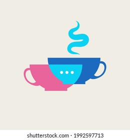 Coffee talk logo. Two cups of tea symbol. Networking with cup of coffee. Friendship, meeting with friends. Vector icon
