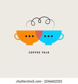 Coffee talk two cups logo, meeting icon. Two mugs with hot steam flat illustration, communication