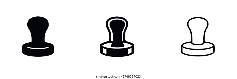 Coffee tamper icon set for espresso preparation. Barista tamping tool symbols