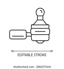 Coffee tamper and portafilter linear icon. Preparing espresso. Making drink. Barista accessories. Thin line customizable illustration. Contour symbol. Vector isolated outline drawing. Editable stroke