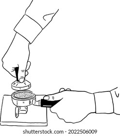 Coffee tamping Barista hand presses coffee grind Cafe people Hand drawn line art illustration 