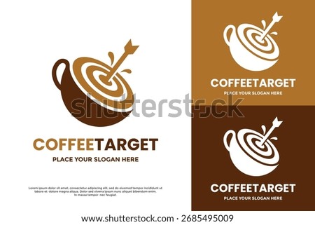 Coffee Target logo design. A creative logo featuring a coffee cup as a target with an arrow hitting the center. Represents focus and quality brew. Perfect for a cafe, coffee shop, or barista.