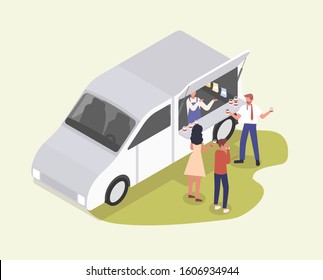 Coffee tasting isometric vector illustration. Young people drinking fresh espresso outdoors cartoon characters. Men and woman on coffee break Delicious drink degustation. Hot beverage sale business.