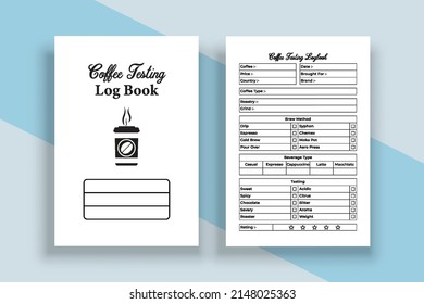 Coffee tasting notebook interior. Coffee information and texture rating journal template. Interior of a  logbook. Coffee taste rating and brewing method instruction notebook interior.