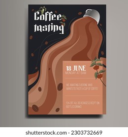 Coffee tasting party poster. Vector flat poster cover. Cup, coffee beans illustration.