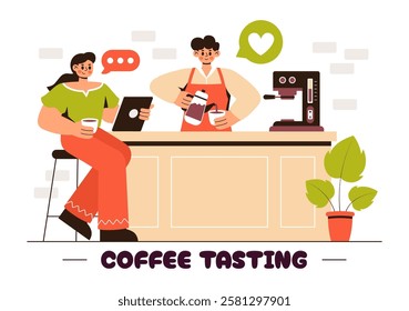 Coffee Tasting Vector Illustration featuring People Enjoying Specialty Coffee with Cups and a Kettle in a Cafe or Restaurant in a Flat Background