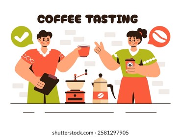 Coffee Tasting Vector Illustration featuring People Enjoying Specialty Coffee with Cups and a Kettle in a Cafe or Restaurant in a Flat Background