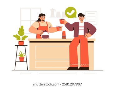 Coffee Tasting Vector Illustration featuring People Enjoying Specialty Coffee with Cups and a Kettle in a Cafe or Restaurant in a Flat Background