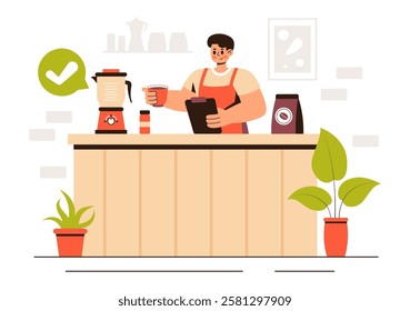 Coffee Tasting Vector Illustration featuring People Enjoying Specialty Coffee with Cups and a Kettle in a Cafe or Restaurant in a Flat Background