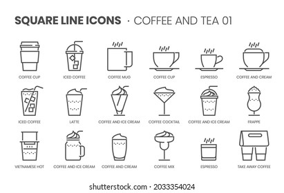 Coffee and tea 01 related, pixel perfect, editable stroke, up scalable square line vector icon set. 