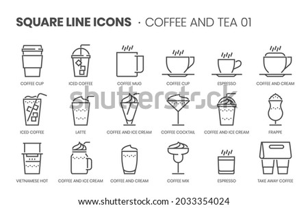 Coffee and tea 01 related, pixel perfect, editable stroke, up scalable square line vector icon set. 