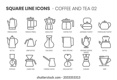 Coffee and tea 02 related, pixel perfect, editable stroke, up scalable square line vector icon set. 