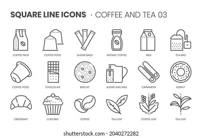 Coffee and tea 03 related, pixel perfect, editable stroke, up scalable square line vector icon set. 