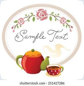 Coffee or tea background. Card with cups, teapot and flowers.