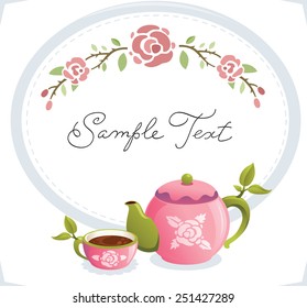 Coffee or tea background. Card with cups, teapot and flowers.