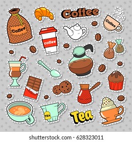 Coffee and Tea Badges, Patches, Stickers for Prints and Fashion Textile with Beans. Vector Doodle