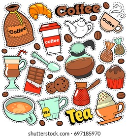 Coffee And Tea Badges, Patches, Stickers For Prints And Fashion Textile With Beans. Vector Doodle In Comic Style