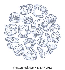 Coffee, Tea and Bakery doodle icons set, Trendy and lovely in circle style. isolated on white background 