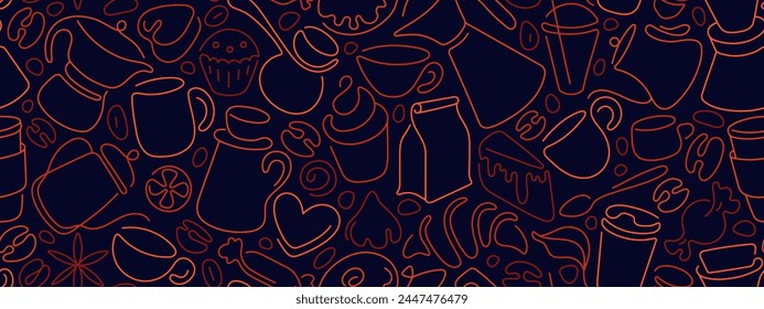 Coffee, tea. Bakery line pattern. Hot drinks, aroma beans, outline cups. Repeated endless texture print for cafe menu, shop wrapping paper. Vector illustration