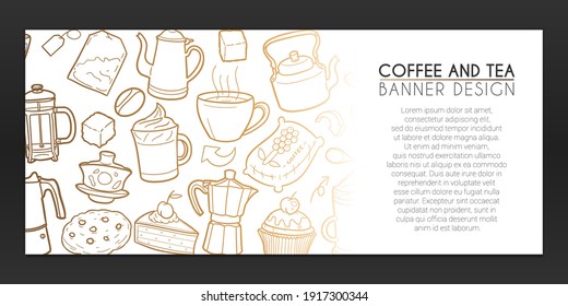 Coffee and Tea Banner. Drinks Background Hand drawn. Hot Beverages Icons illustration. Vector Horizontal Design.