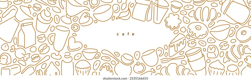 Coffee and tea, bean, sweets. Art background for menu, food design. Set of one line cafe and bakery sign. Espresso cup. Vector graphic thin illustration. Editable stroke