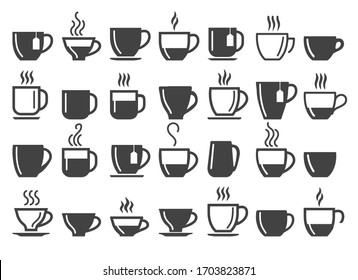 Coffee and tea beverage cups silhouettes. Cupping hot beverages icons, hot chocolate pots vector signs for coffee machine